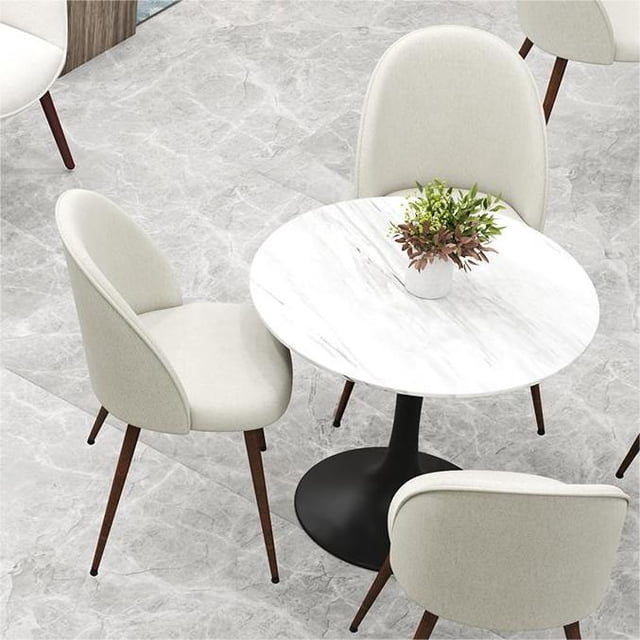 Homy Casa Modern 2-Pack Accent Chair Set featuring armless round back chairs upholstered in beige fabric with walnut-tone metal legs, placed around a round white marble-effect table with black pedestal base on grey tiled floor, suitable for living room seating, study rooms, or compact dining areas.