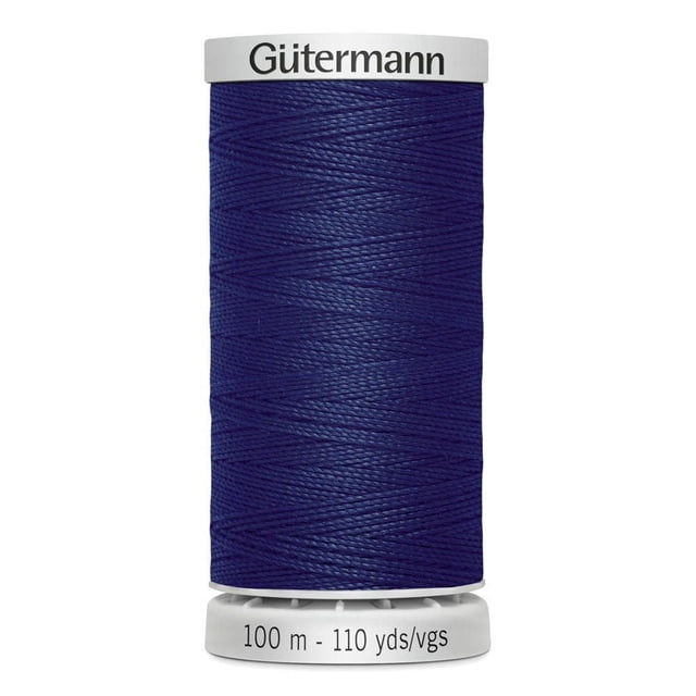 Gutermann Extra Bobine Thread Solide 100 % Polyester Bleu Foncé Enroulée Serrée sur une base en Plastique Blanche Étiquetée avec Marque et Longueur de 100 m - 110 yds, Conçue pour la Couture Robuste sur Cuir, Toile et Projets de Déco Maison.