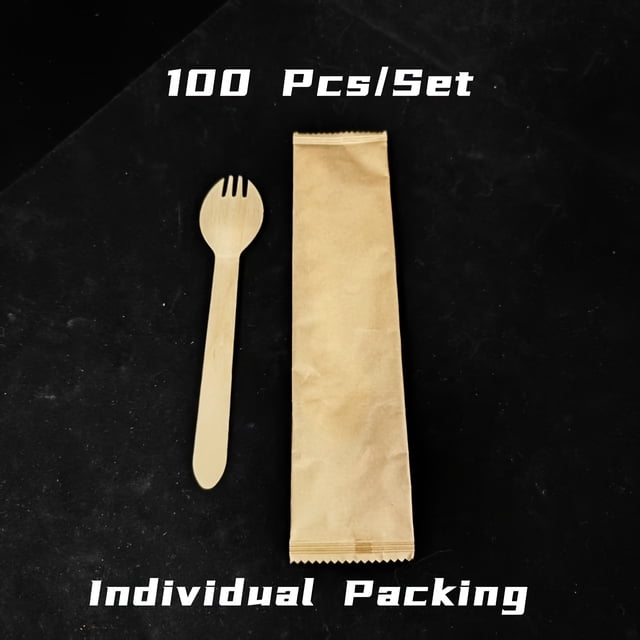 DEBGFS 100pcs Wooden Disposable Cutlery (100pcs) - Fork and Spoon Integrated Individually Wrapped in Kraft Paper for Parties Picnics and Events,100 Pcs/Set