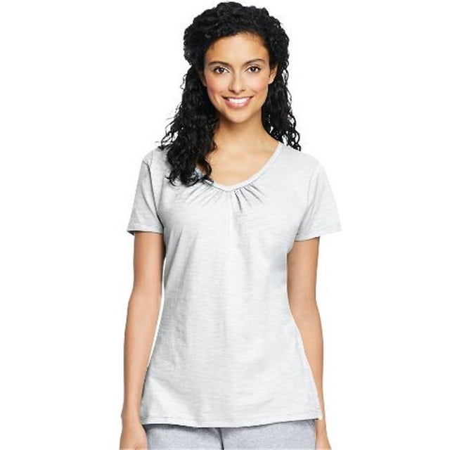 Hanes 9253 T-Shirts en Jersey Flammé pour Femmes à Col en V Froncé, Blanc - 2TG