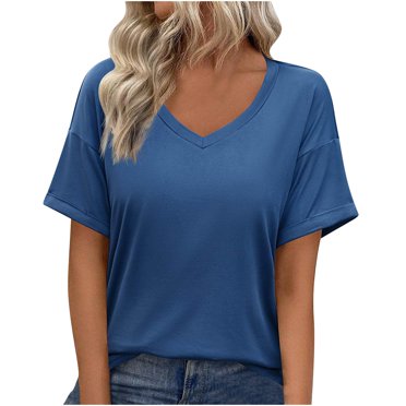 Amzcrzy Womens Plus Size Tops Solid Color Loose Fit T Shirts V Neck Summer Casual Short Sleeve Tee Tops S-2XL