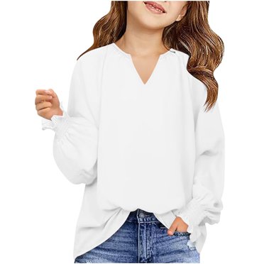 WRKEKC Chandails à Manches Longues pour Filles, T-Shirts à Manches Longues pour Filles, Haut/chemise à Manches Longues à Col en V Ample Uni Tendance pour Filles de 6 à 16 Ans