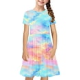 thumbnail image 1 of Robe Fille Été Patineuse Robe T-Shirt Teinture sur Nœuds Décontractée à Manches Courtes Robe Fluide pour Enfants 4-14 Ans, 1 of 6