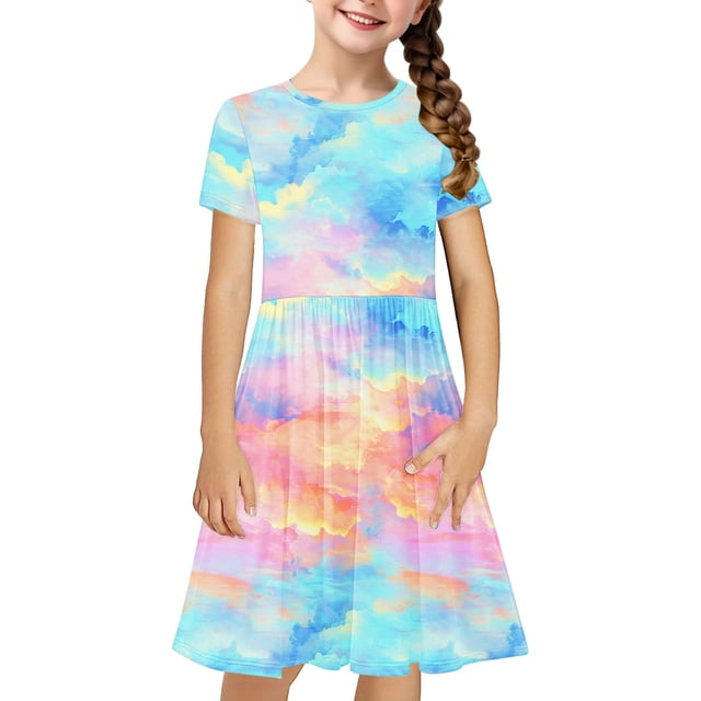 Robe Fille Été Patineuse Robe T-Shirt Teinture sur Nœuds Décontractée à Manches Courtes Robe Fluide pour Enfants 4-14 Ans