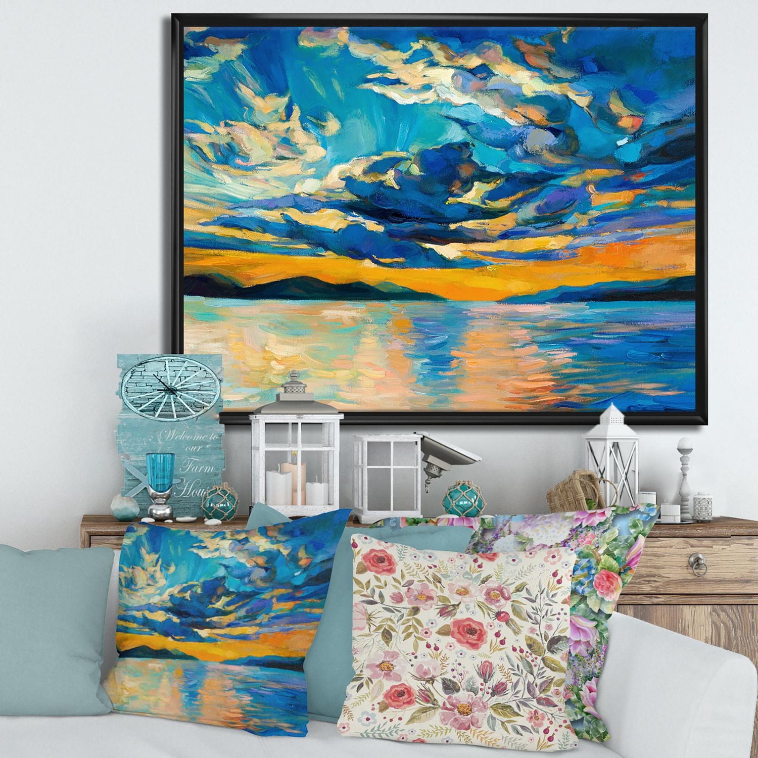 Designart Cloudy Wide Open Sunset Over Ocean Horizon FLOAT FRAME WALL ART