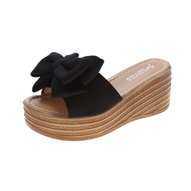 Leutsin Women Bowknot Beach Summer Slippers Platform Slope Heels Plus Size Shose