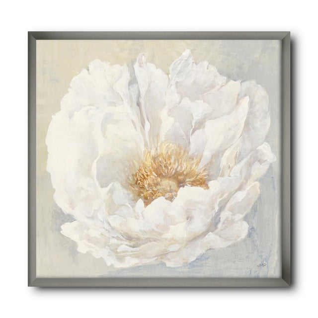 Designart Art Mural Encadré de Pivoine Sereine Blanche Représentant un Gros Plan d'Une Fleur de Pivoine Blanche avec des Pétales Superposés et un Centre Doré-Jaune, Imprimé sur Toile de Coton Résistante à la Décoloration et Monté dans un Cadre Gris de 1,5 Po de Large, Arrivant Prêt à Accrocher avec la Quincaillerie Incluse, Convient à la Déco Intérieure.
