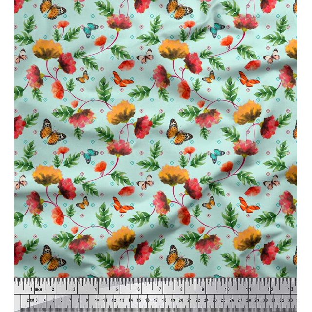 Soimoi Green Rayon Fabric Leaves,Insect & Floral Artistic Decor Fabric Printed BTY 42 Inch Wide