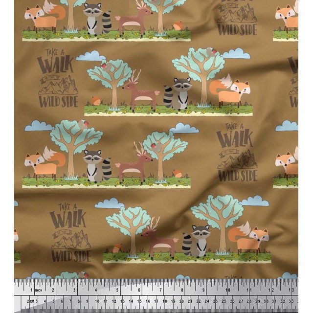 Soimoi Tissu Poly Georgette Arbre, Cerf & Racon Imprimé Dessin Animé Tissu de Couture Yard 42 Pouces de Large