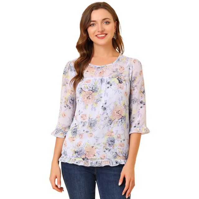 INSPIRE CHIC Blouse Fluide en Mousseline à Volants à Manches 3/4 à Imprimé Floral pour Femme