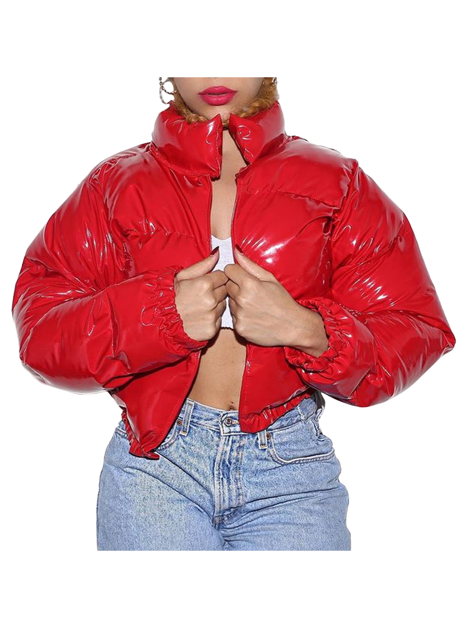 Gupgi Women Long Sleeve Stand Collar Metallic Quilted Puffer Jackets