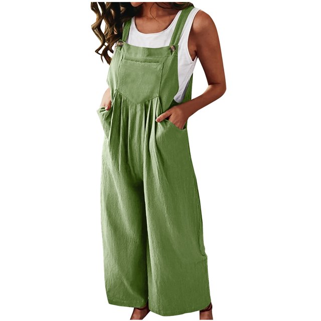 Birdeem Womens Linen Cotton Solid Color Sleeveless Pocket Casual Wide Leg Side Button Jumpsuit