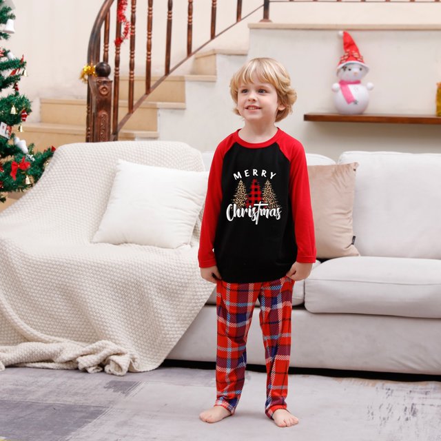 Pyjamas de Noël Tenue Parent-Enfant Costumes de Noël Patchwork à Carreaux Imprimés Vêtements de Maison Col Rond Manches Longues Pyjamas Ensemble Deux Pièces pour Enfants Pyjamas de Noël en Liquidation