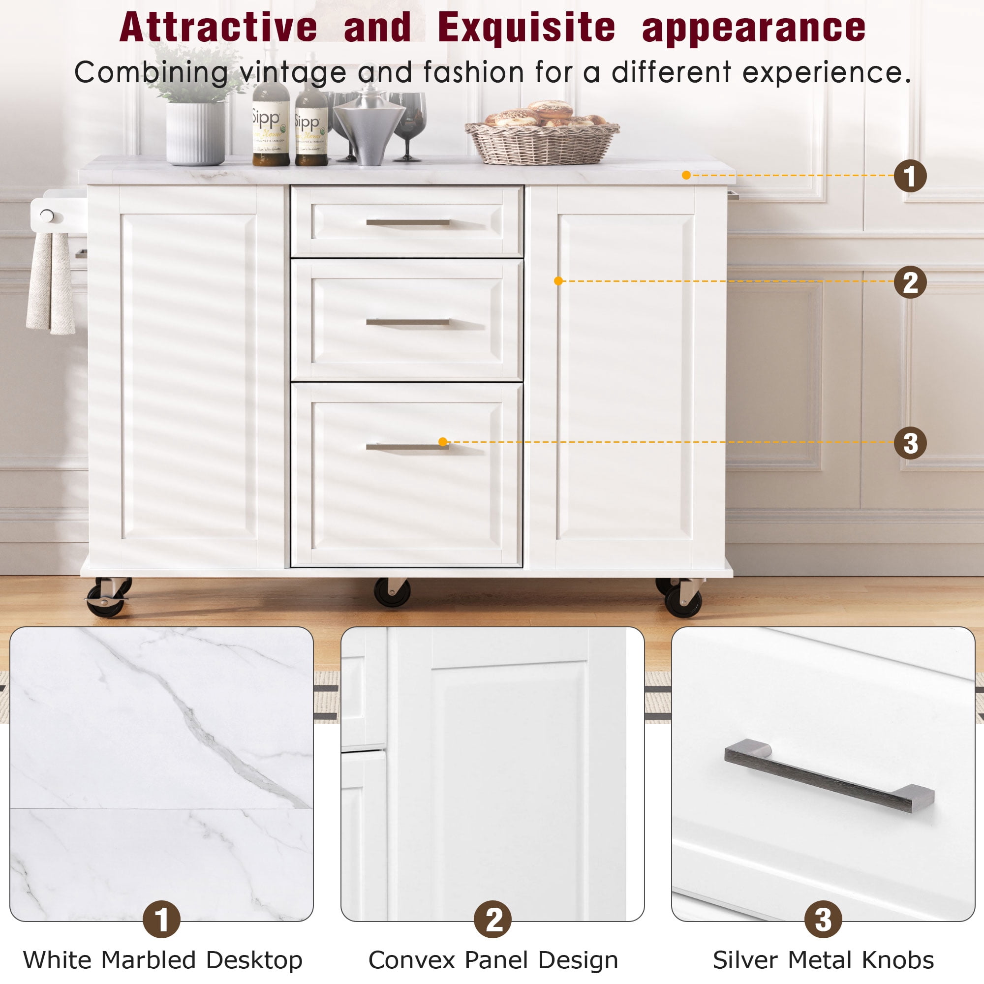 Homy Casa Kitchen Island Cart with Trash Bin, Storage, Foldable Top, White, 50.7"