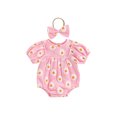 thumbnail image 1 of Wangsaura Nouveau-Né Bébé Filles Rompers Marguerite Impression Manches Courtes Col Rond Bébé Bodys Vêtements d'Été avec Bandeau, 1 of 10