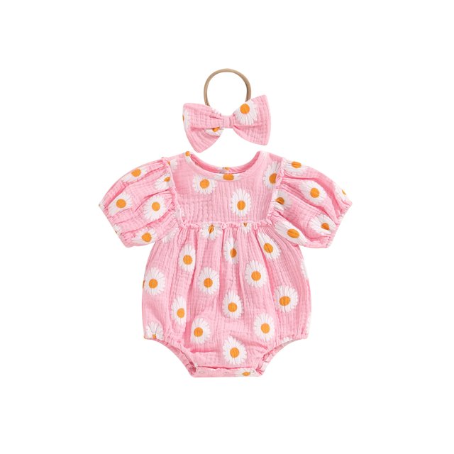 Wangsaura Nouveau-Né Bébé Filles Rompers Marguerite Impression Manches Courtes Col Rond Bébé Bodys Vêtements d'Été avec Bandeau