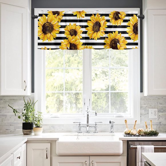 Window Valance Curtains Kitchen Rod Pocket Short Curtain Farm Spring Sunflower Valances for Window, Watercolor Floral Black White Striped Window Treatments for Living Room Bedroom Bathroom Decor