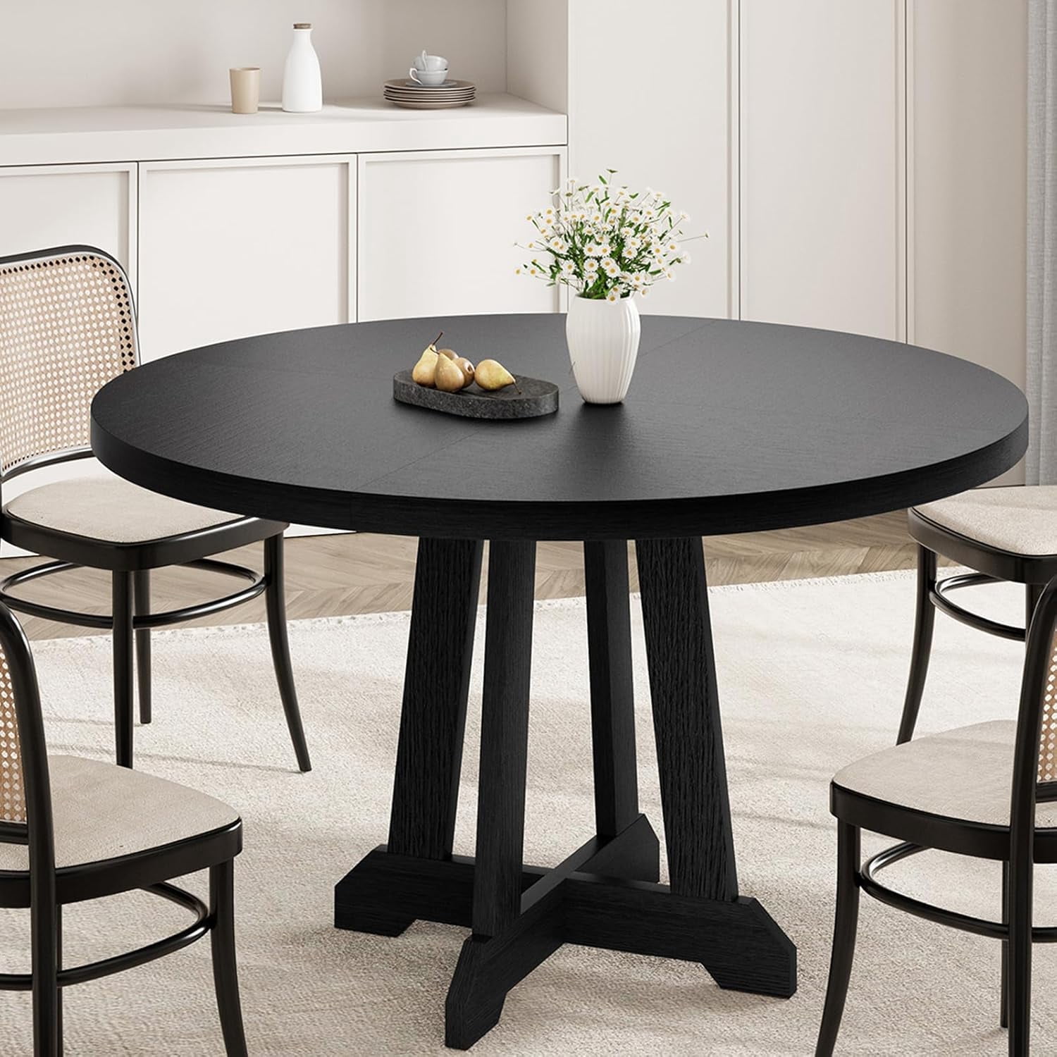 47 in Round Dining Table for 4-6, Wooden Kitchen Table with Sturdy Legs, Brown/Black