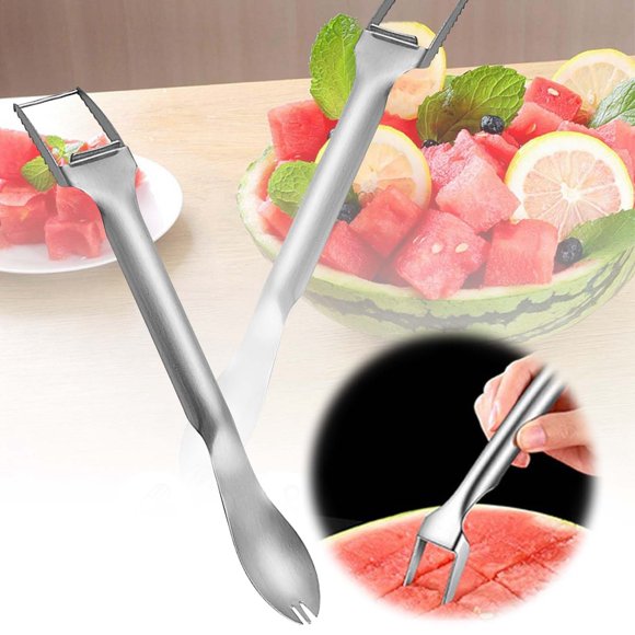 Tong 2 In 1 Head Stainless Steel Watermelon Fruit Cutter Fork Portable Kitchen For Cutting And Serving Fruits