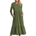 thumbnail image 1 of cfhntfmh Robes Maxi pour Femmes Décontractées d'Automne à Col Rond à Manches Longues Robe Fluide Mode Plissée à Étages Robe Trapèze avec Poches, 1 of 1