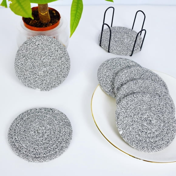 8 Piece Cotton Rope Placemat Set with Storage Rack, 4.33 Inch Square Woven Heat Resistant Table Mats for Hot Dishes, Easy Clean Dining Mats for Home Kitchen