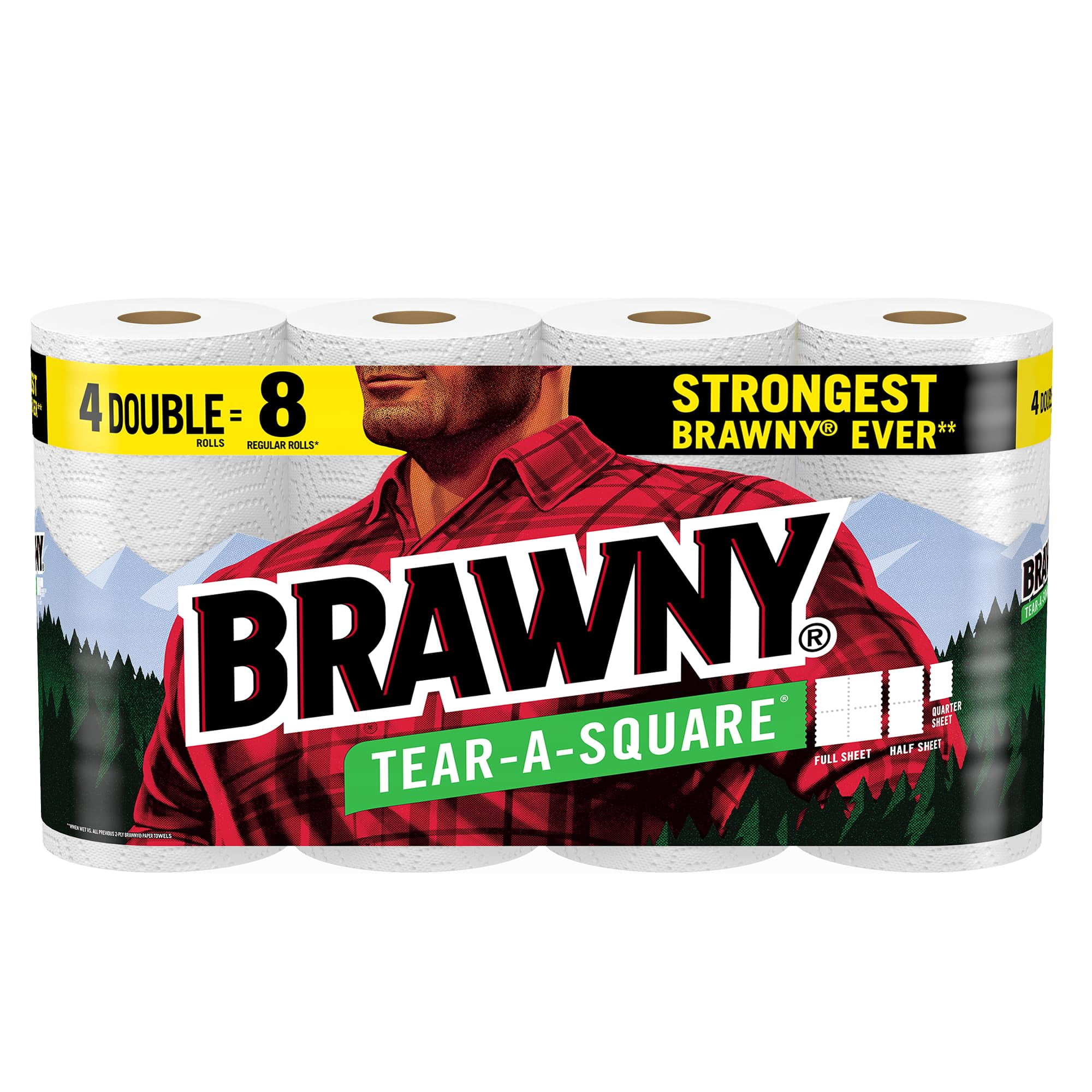 Brawny Tear-A-Square Paper Towels 4 Double Rolls = 8 Regular Rolls