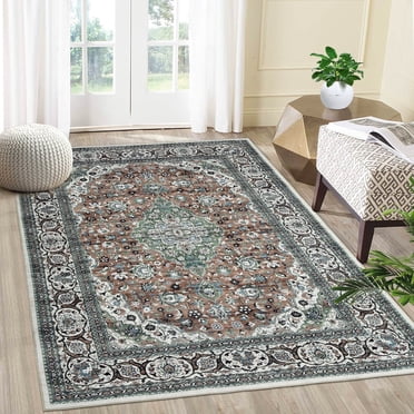 YUSAZENS Tapis 5 x 7 Floral Vintage Lavable à Poils Courts Antidérapant, Imprimé Usé pour Salon, Chambre, Tapis d'Intérieur pour Déco de la Maison Vert/multicolore