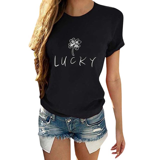 Innerwin Tee Manches Courtes Femmes Hauts d'Été Travail Lettre Chanceuse T-Shirt Confortable Noir P