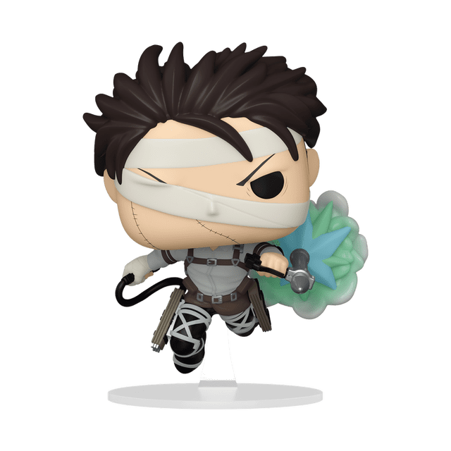 Funko Pop! Animation : Attack on Titan - Levi avec Bandages Figurine en Vinyle dans une pose d'Action Orientée vers l'Avant avec des Cheveux Sombres à Picots et des Bandages Beiges Enroulés Autour de la Tête et du Visage. la Figurine Porte un Uniforme Gris et Brun avec des Sangles de Harnais et des Fixations de Jambes Croisées Blanches, Tenant un Dispositif de Grappin Émettant un Effet Translucide Bleu et Vert, Debout sur une base Ronde Claire. Cette Figurine en Vinyle Mesure Plus de Trois Pouces de Hauteur et Convient aux 3 Ans et Plus