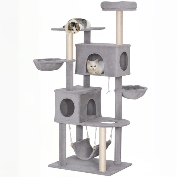 PawHut 66 Inch Cat Tree with 2 Door Condos, 3 Big Hammocks, Light Grey