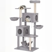 PawHut 66 Inch Cat Tree with 2 Door Condos, 3 Big Hammocks, Light Grey