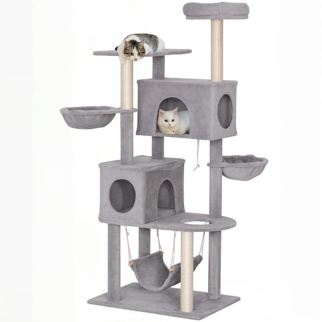 PawHut 66 Inch Cat Tree with 2 Door Condos, 3 Big Hammocks, Light Grey