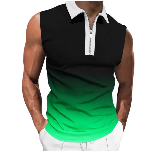 Plebaso Tank Tops for Men Casual Quarter Zip Collared Tee Shirts Sleeveless Gradient Color Fashion Shirts