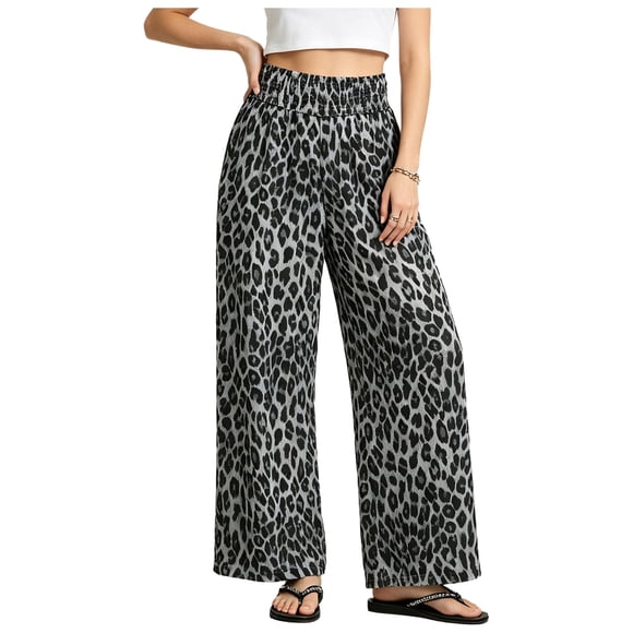 Raenseen Women Travel Pants with Pockets High Waist Trousers Leopard M