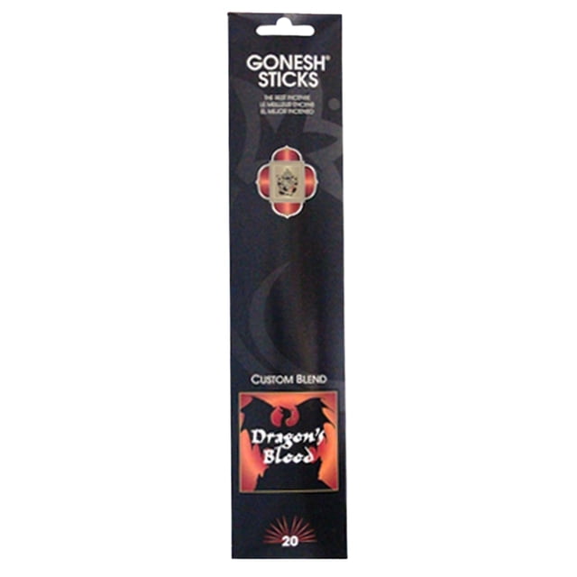 GONESH STICKS Dragon's Blood incense sticks package, black rectangular box with red and orange dragon silhouette, labeled 'Custom Blend' and containing 20 sticks for home fragrance and relaxation.