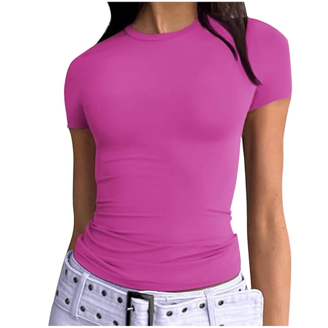 Yuyuzo Hauts de Sortie pour Femmes T-Shirts à Manches Courtes Col Ras du Cou Extensibles Ajustés T-Shirts Basiques Haut