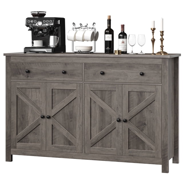 Homfa Buffet de Cuisine 55 Pieds' en Gris, Conçu avec 4 Portes Style Ferme, 2 Tiroirs et Tablettes Ajustables pour un Rangement Polyvalent. Fabriqué en Matériau MDF durable, Offre un Grand Espace pour les Essentiels de Cuisine comme la Vaisselle, les Cafetières et les Batteries de Cuisine. le Dessus de Table 55 Pieds' de Large Offre un Espace de Travail Ou d'Exposition Supplémentaire. Convient aux Cuisines Ou aux Salles à Manger, Comprend un Dispositif de Retenue pour Basculement et un kit d'Assemblage.