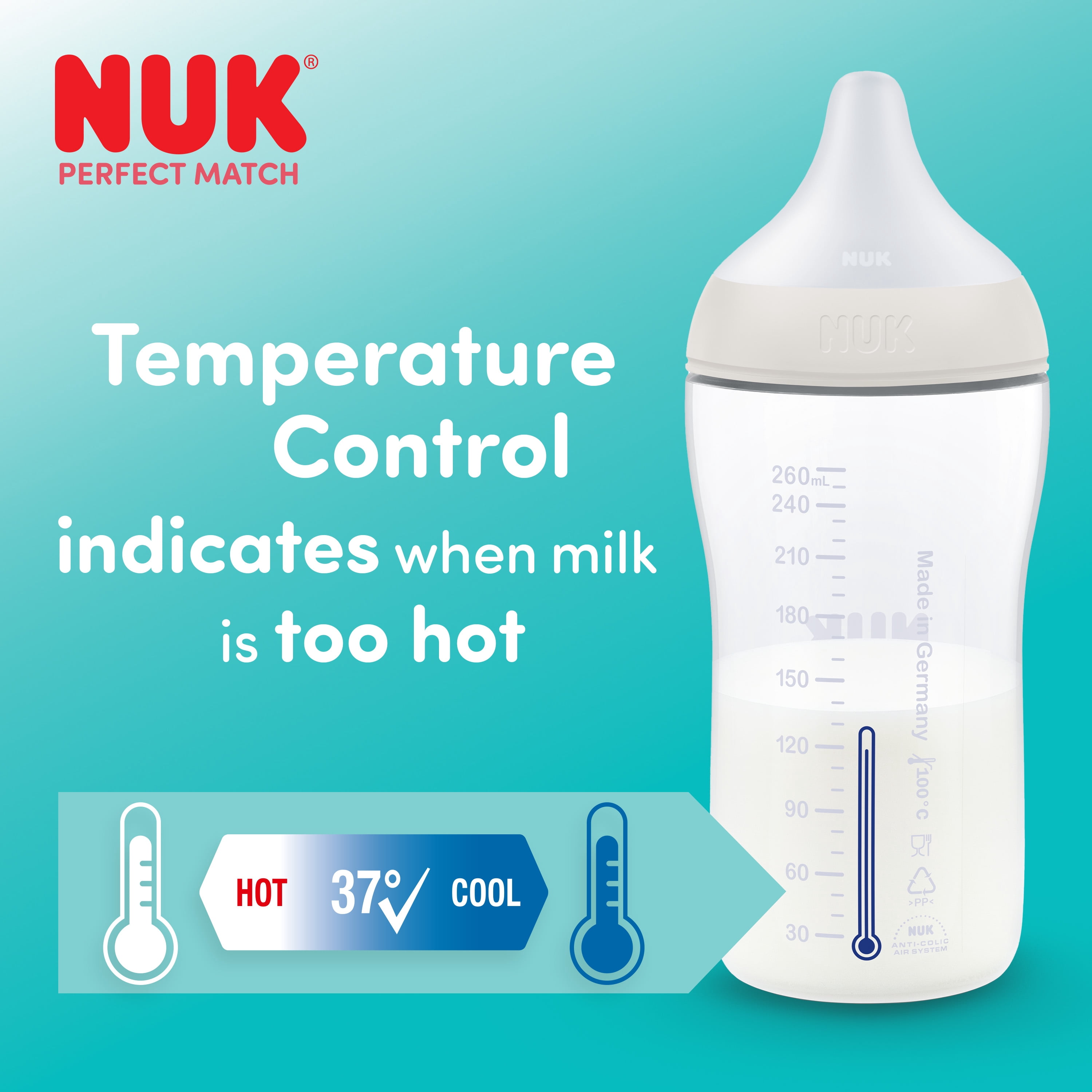 Biberon pour bébé NUK Perfect Match, 3+ mois, 260 ml, biberon anti-coliques, plastique, indicateur de contrôle de la température, mouton, 3 pièces