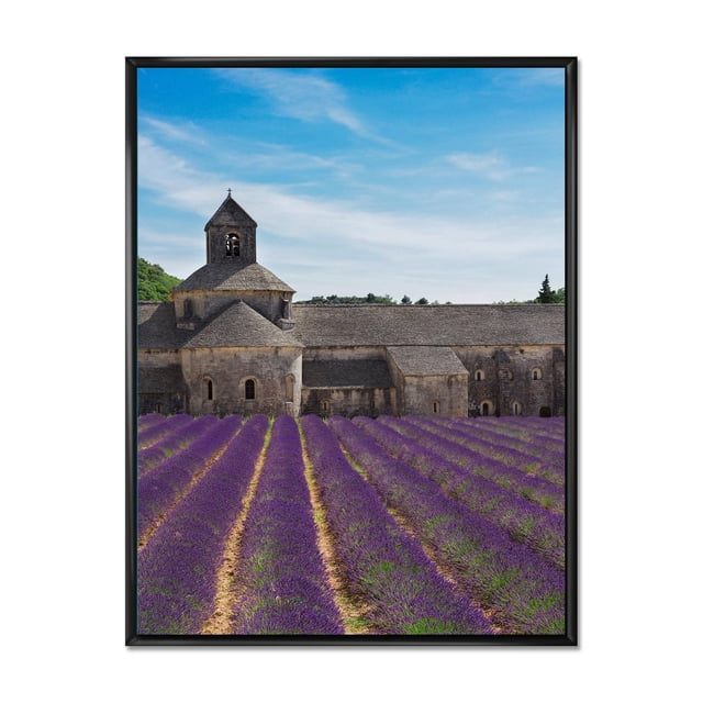 Designart Champ de Lavande avec Abbaye en France Cadre Flottant ART Mural Montrant une Impression sur Toile Encadrée d'Une Abbaye de Pierre Historique derrière des Rangées de Champs de Lavande Violets en Floraison sous un Ciel Bleu, Imprimée sur Toile de Coton de Qualité Supérieure avec Encres Résistantes à la Décoloration et Encadrée sur un Cadre Flottant en Bois de 1 Po, Prête à Accrocher.