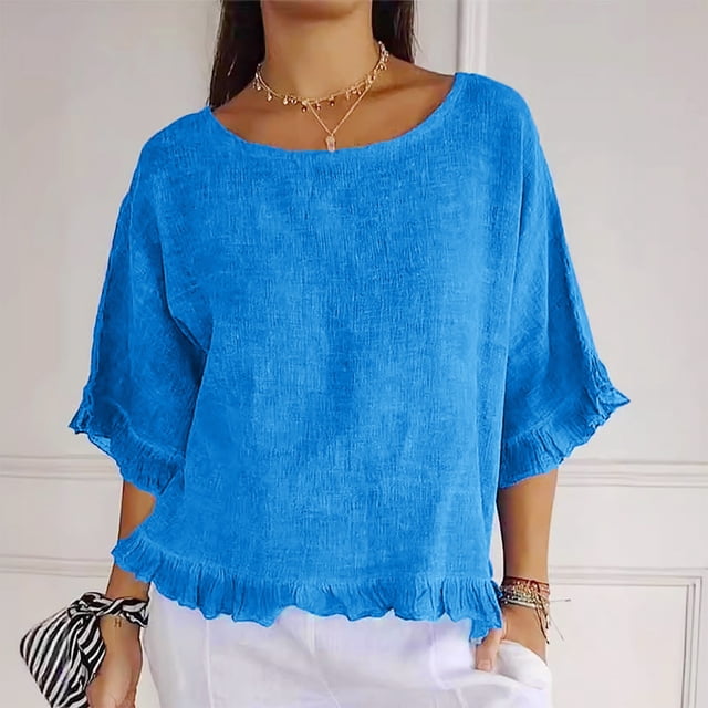 TINZ Round Neck Ruffled Hem Mid Sleeve And Linen Top Casual Ruffle Solid Short Sleeve Blouse Tops For Women Football Shirt Women Womens Short Sleeved Athletic Tops Exercise Wear for Women