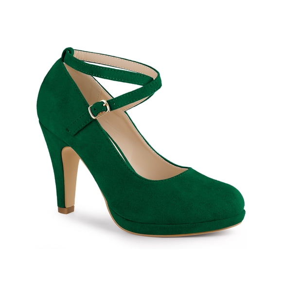 BLISSFUL STEP Women's Shoes Platform Round Toe Cross Strap Buckle Closure Stiletto Heel Mary Jane Pumps Green 8.5