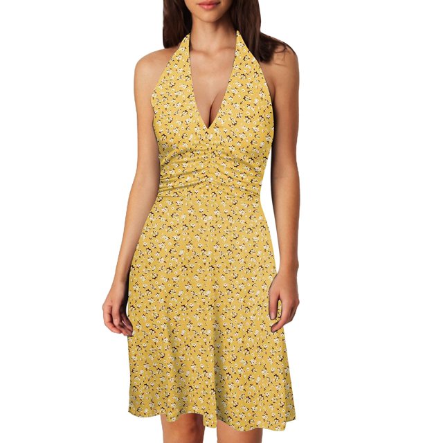 Women Summer Sleeveless Neck Tight Summer Dress for Women Spring Boho Floral with Casual Summer Dress Women Pocket Elastic Waist Ruffle Cute Summer Dress Mini Dresses