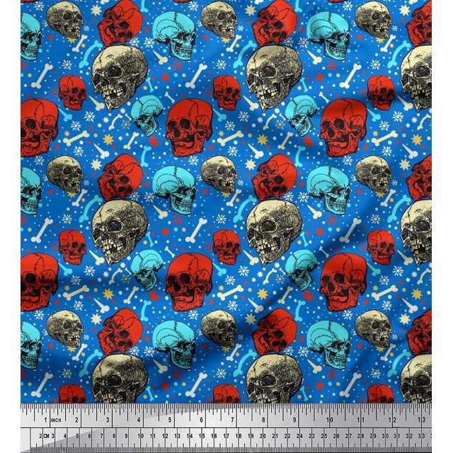 Soimoi Poly Georgette Fabric Bone,Floral & Skull Halloween Printed Fabric 1 Yard 52 Inch Wide