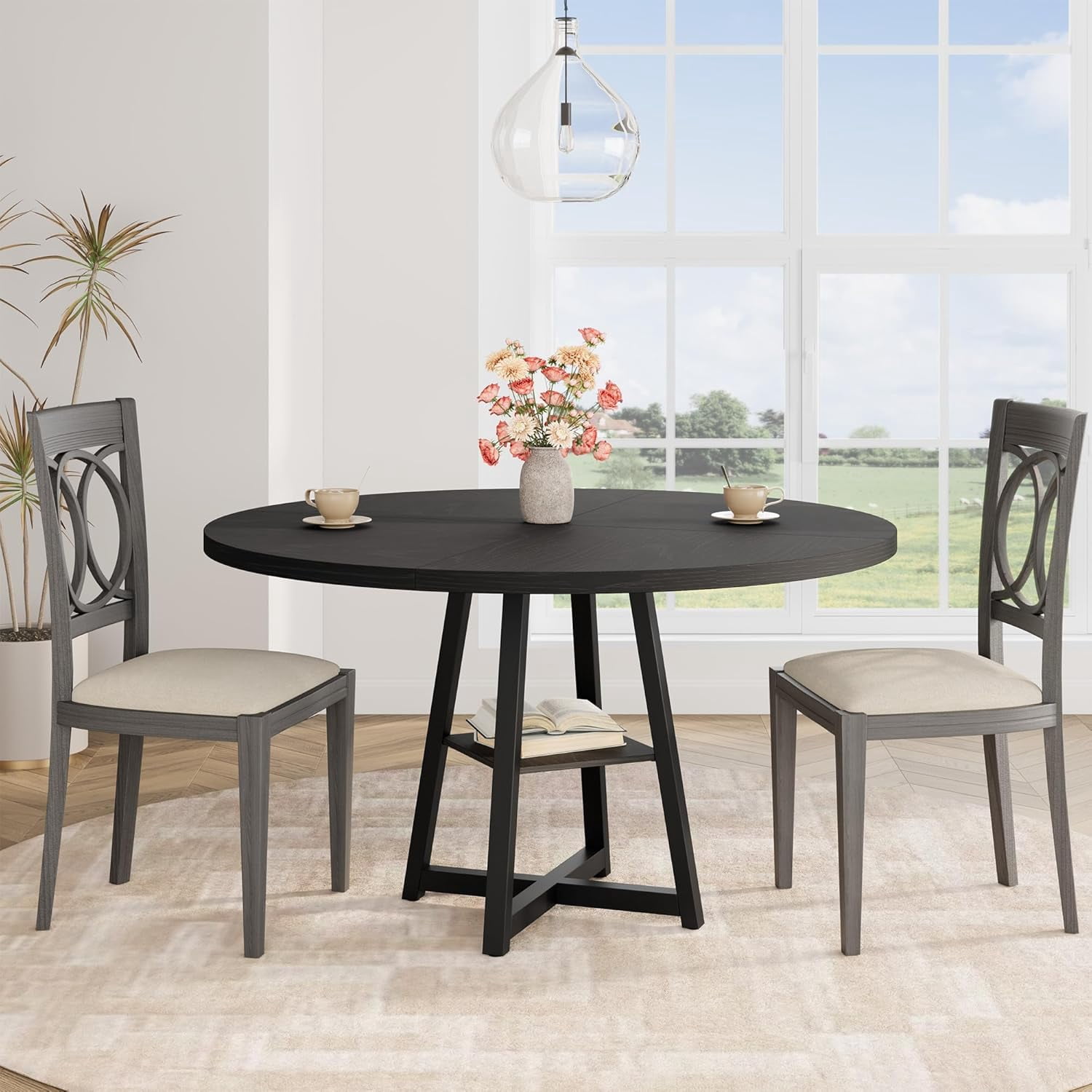 Bingirl Industrial 47-Inch Round Dining Table Set for 4 - 6: Black Top with Metal Base for Dining & Living Room