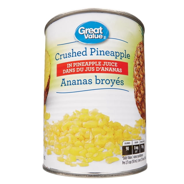Great Value Ananas Broyé Boîte de 540 ml avec Étiquette avant Montrant le logo de la Marque, Nom de Produit Bilingue, et Ananas Jaune Broyé dans du Jus d'Ananas, fruit en Conserve Stable à Température Ambiante, Convient aux Collations et aux Plats Sucrés Ou Salés.