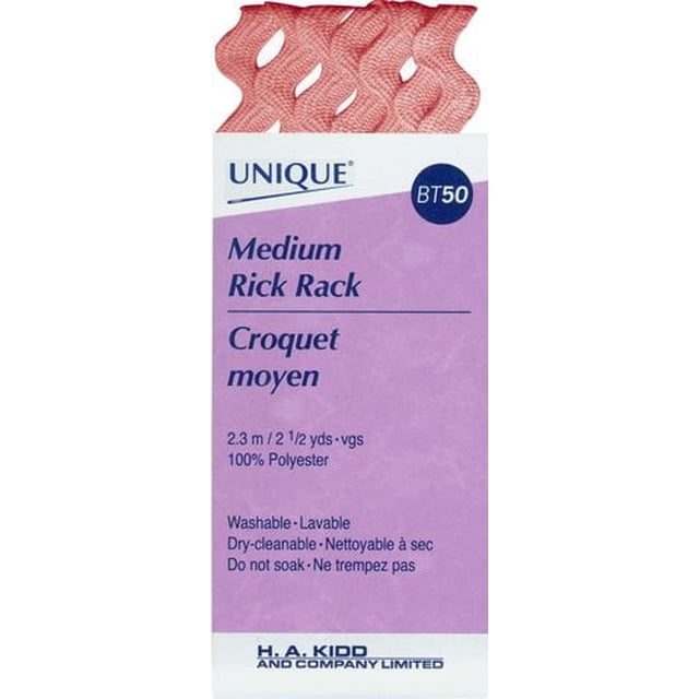 UNIQUE Support de Rick Moyen, Bordure de Couture Décorative 6 mm x 2,3 m en polyester Rose avec Motif en zigzag, Illustré sur l'Emballage Étiqueté Lavable et Nettoyable à Sec, Idéal pour Emballer des Vêtements, la Déco Maison et des Projets d'Artisanat.