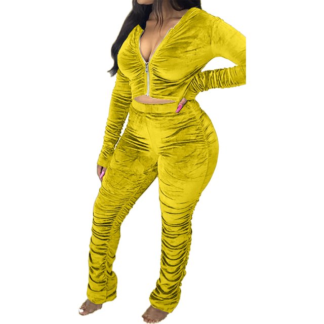 Honganda Slim Pleated Zipper Hooded Top and Pants Two-piece Suit