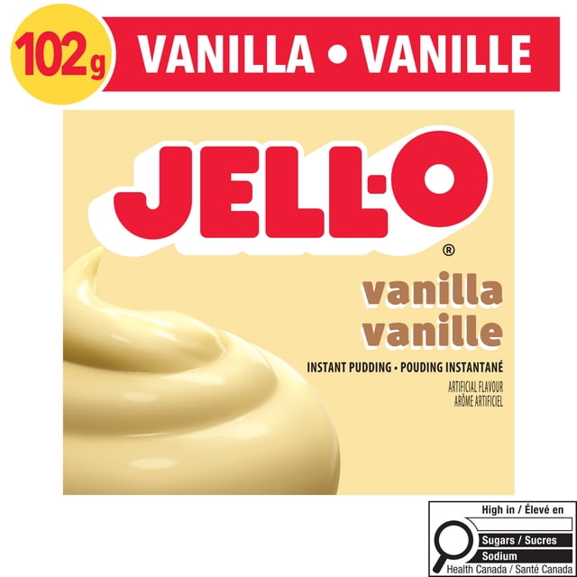 Jell-O Vanilla Instant Pudding Mix 102g box with creamy vanilla pudding swirl, labeled in English and French, casein-free and containing artificial flavour, with high sugar and sodium warnings, ideal for quick and easy dessert preparation.