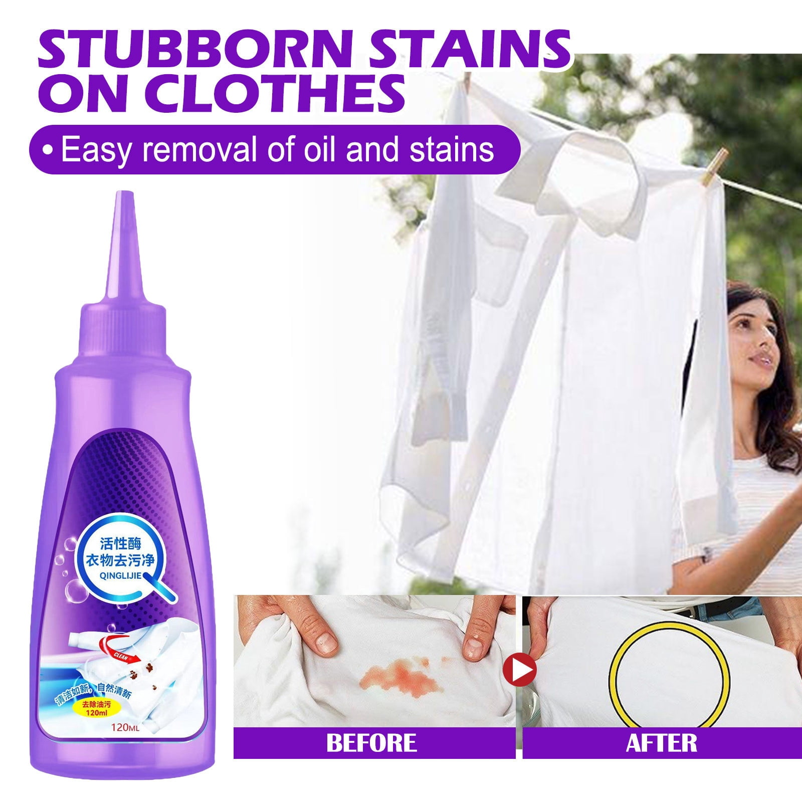 Active Enzyme Laundry Detergent Stain Remover 120ml, Removes Organic Stains Like Oil and Sweat, Mild Formula for Machine or Hand Wash, Safe for Fabrics.