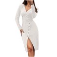 thumbnail image 2 of FcBaudy Robe à Manches Longues à Col en V, Robes d'Été pour Femmes, Robes pour Femmes Robe Décontractée Unie à Manches Longues à Col en V Mini Robe Robe Femme Robe, 2 of 8